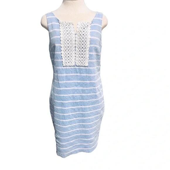 Talbots Linen Blend Dress blue white stripe crochet lace detail Size 8 - Picture 2 of 11